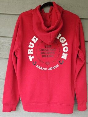 True Religion Bright Red Full-Zip Hoodie with Logo Patch Men's Size Large